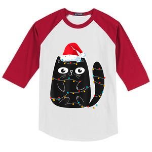 Cute Black Cat Santa Christmas Lights Meow Kitty Kitten Xmas Kids Colorblock Raglan Jersey