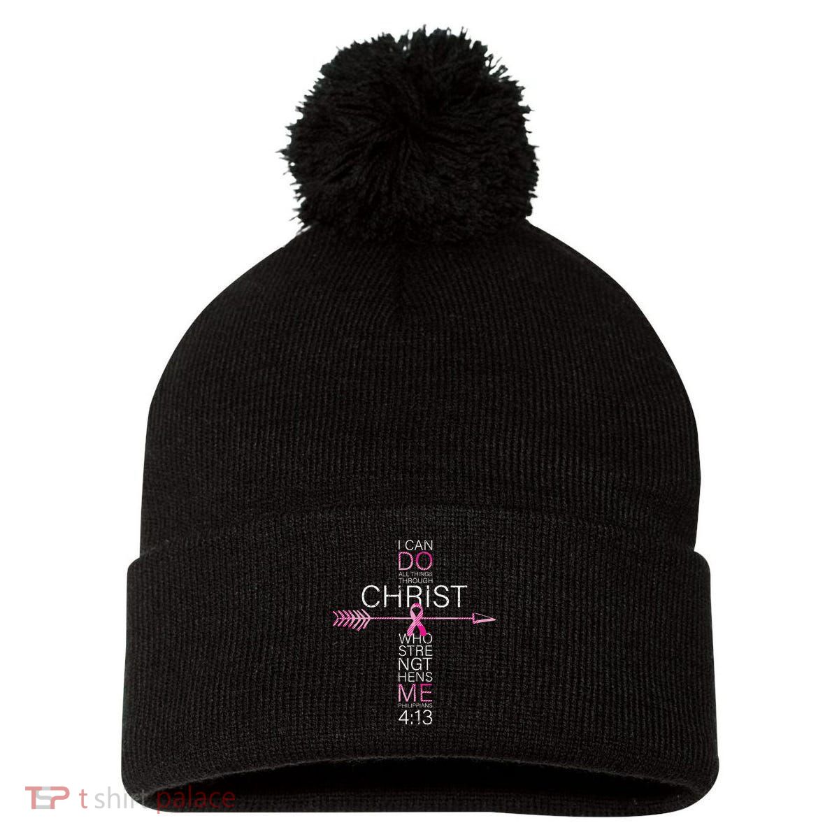 Christian Breast Cancer Cross Religious Bible Verse Pom Pom 12in Knit Beanie