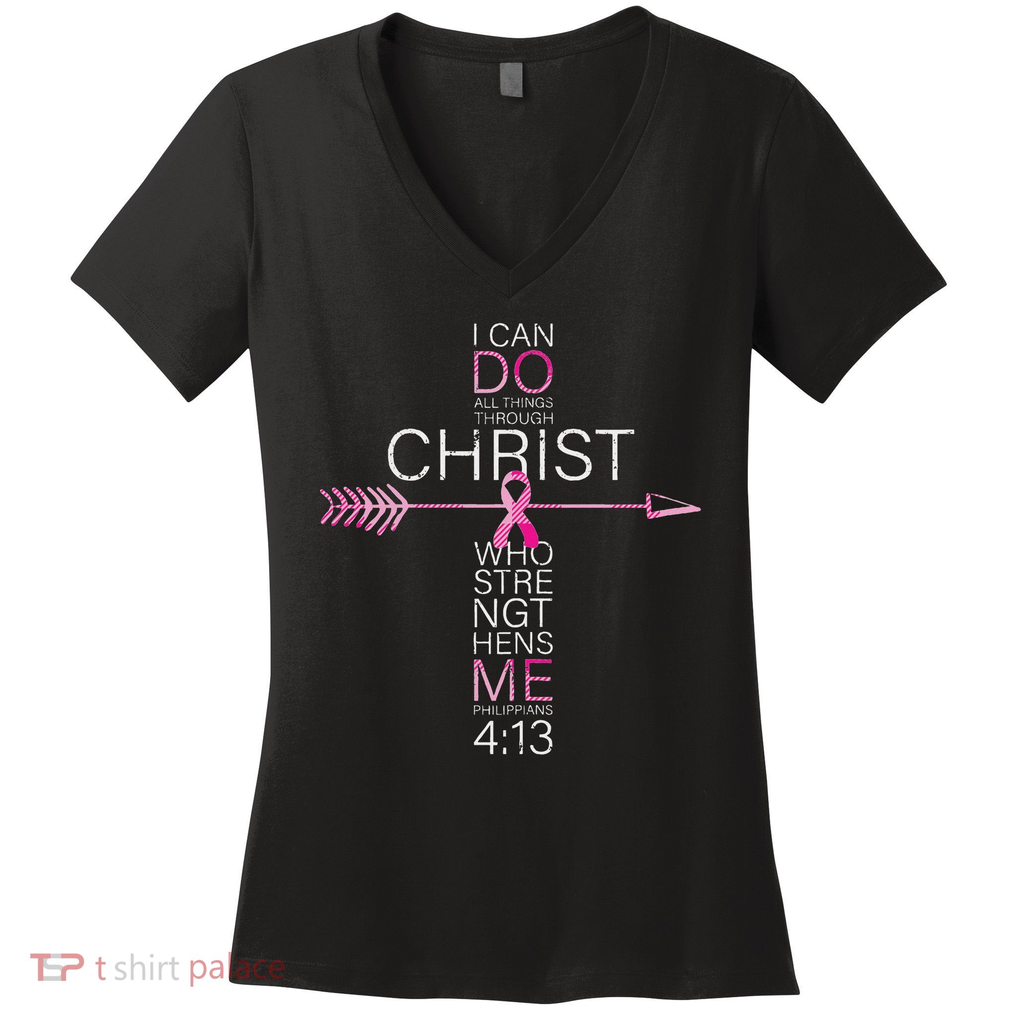 Christian Breast Cancer Cross Religious Bible Verse Women's V-Neck T-Shirt