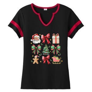 Coquette Bow Christmas Santa Claus Gingerbread Xmas Matching Ladies Halftime Notch Neck Tee