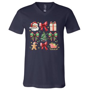 Coquette Bow Christmas Santa Claus Gingerbread Xmas Matching V-Neck T-Shirt