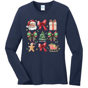 Coquette Bow Christmas Santa Claus Gingerbread Xmas Matching Ladies Long Sleeve Shirt