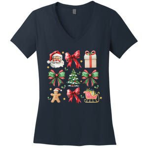 Coquette Bow Christmas Santa Claus Gingerbread Xmas Matching Women's V-Neck T-Shirt