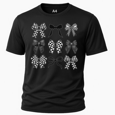Coquette Bow Checkered Flag Race Car Racing Women Cute Cooling Performance Crew T-Shirt