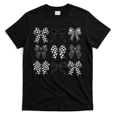 Coquette Bow Checkered Flag Race Car Racing Women Cute T-Shirt