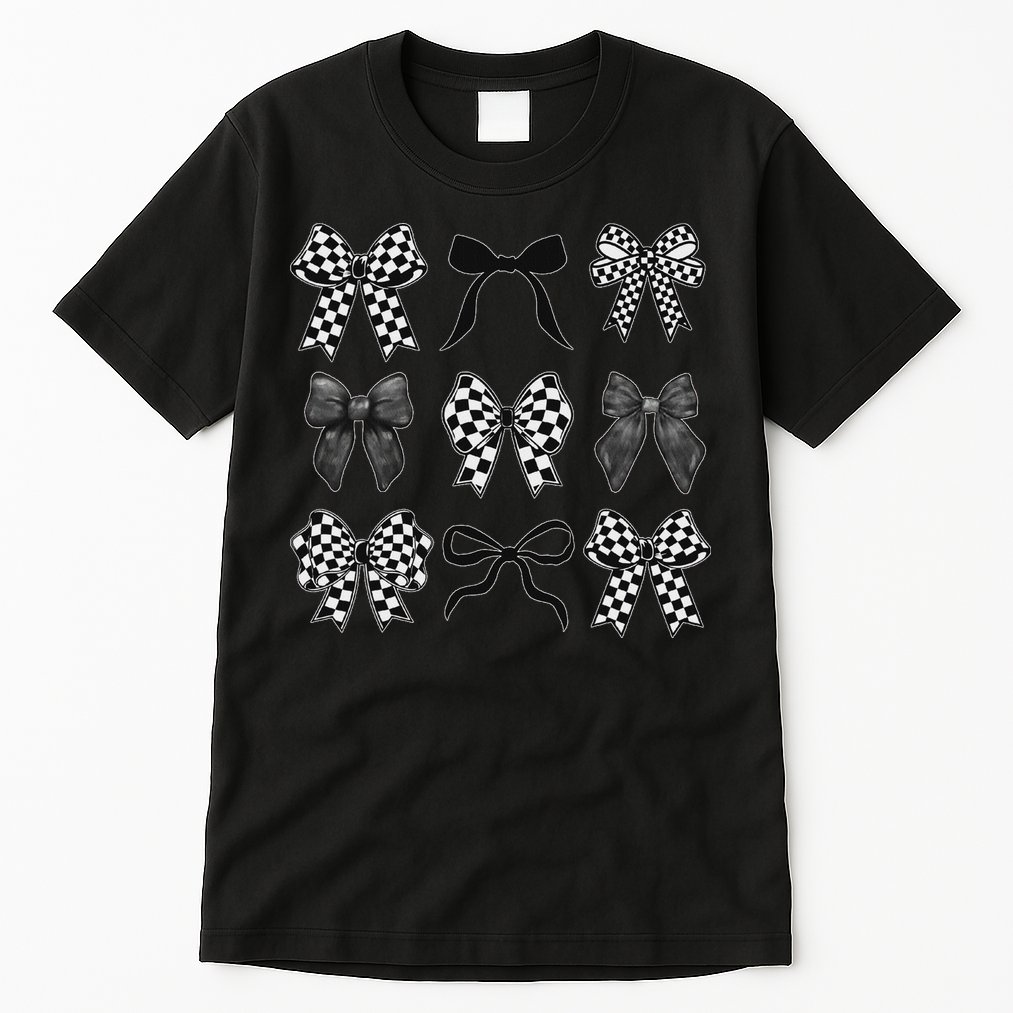 Coquette Bow Checkered Flag Race Car Racing Women Cute Tall T-Shirt