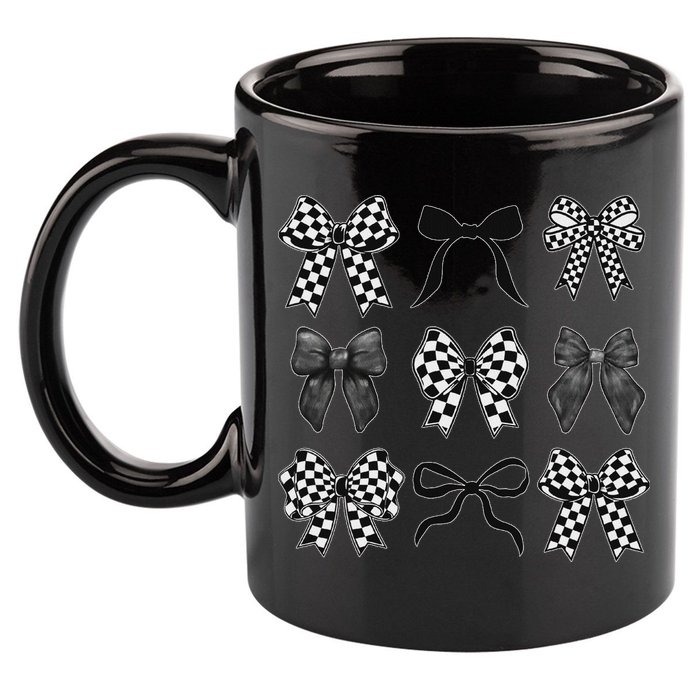 Coquette Bow Checkered Flag Race Car Racing Women Cute 11oz C Handle Ceramic Mug