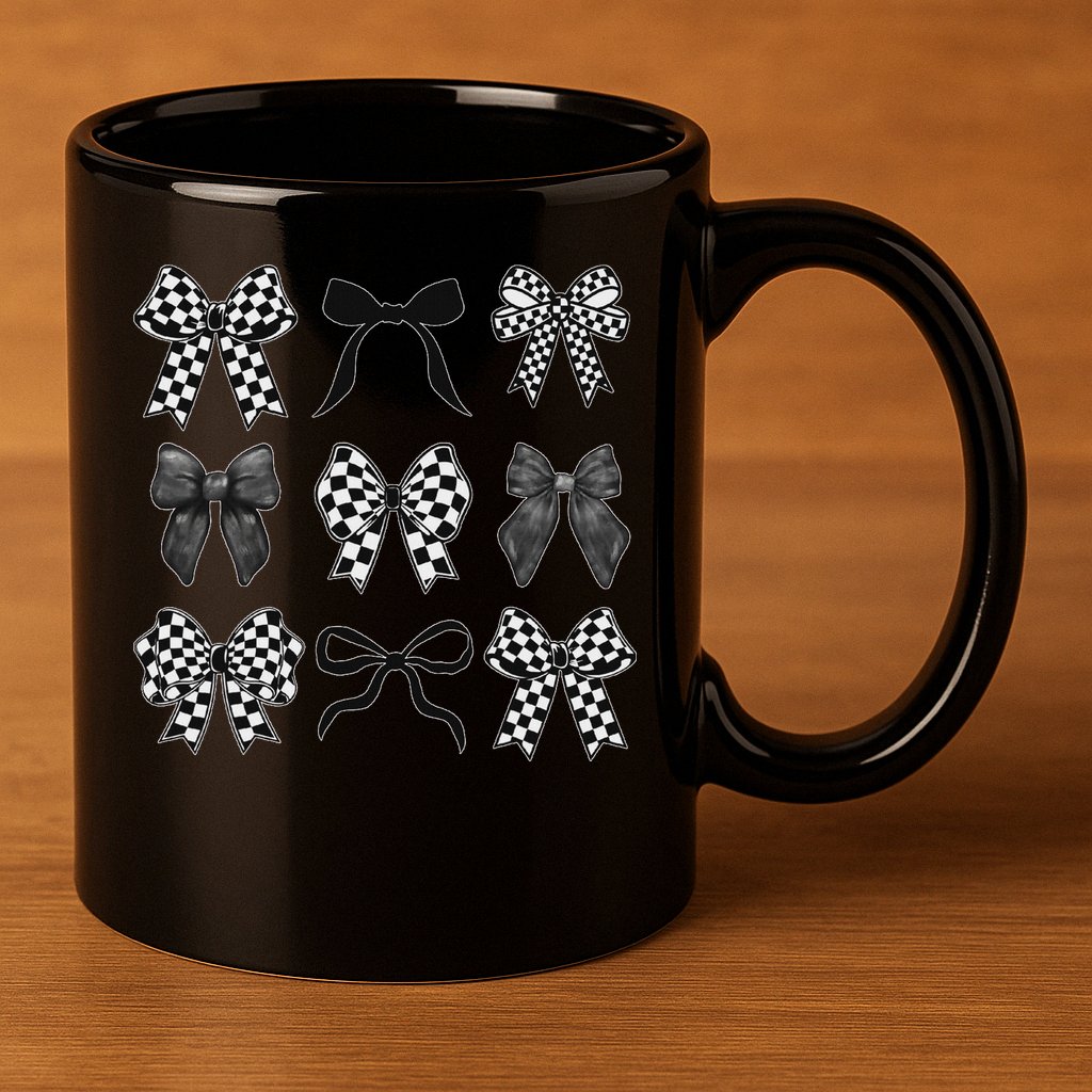 Coquette Bow Checkered Flag Race Car Racing Women Cute 11oz C Handle Ceramic Mug