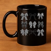 Coquette Bow Checkered Flag Race Car Racing Women Cute 11oz C Handle Ceramic Mug