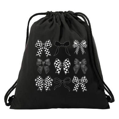 Coquette Bow Checkered Flag Race Car Racing Women Cute Drawstring Bag