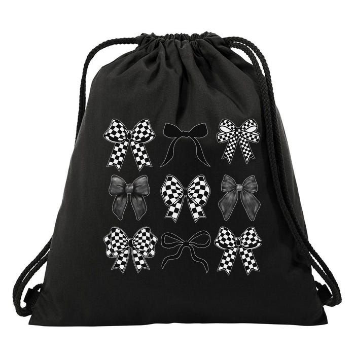 Coquette Bow Checkered Flag Race Car Racing Women Cute Drawstring Bag