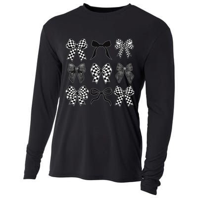 Coquette Bow Checkered Flag Race Car Racing Women Cute Cooling Performance Long Sleeve Crew