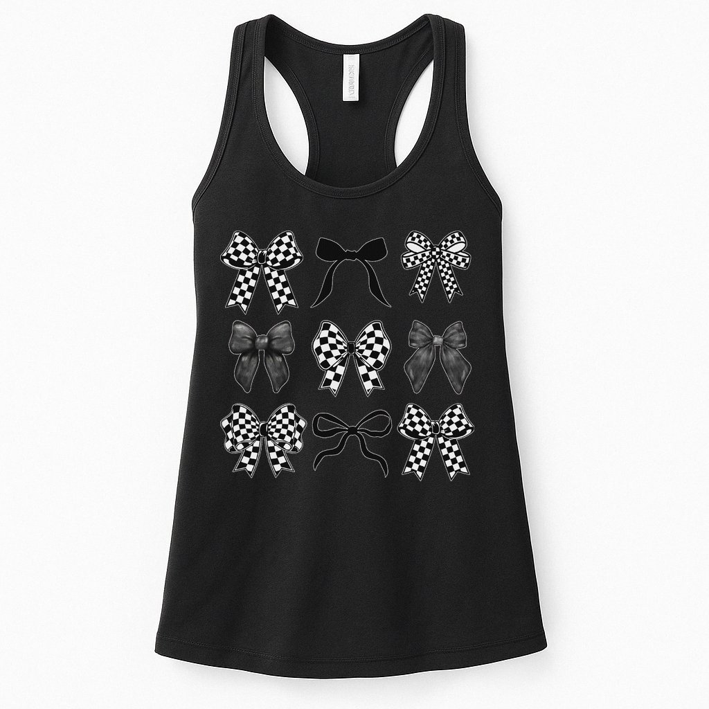 Coquette Bow Checkered Flag Race Car Racing Women Cute Womens Tank Top