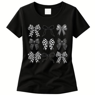 Coquette Bow Checkered Flag Race Car Racing Women Cute Womens T-Shirt