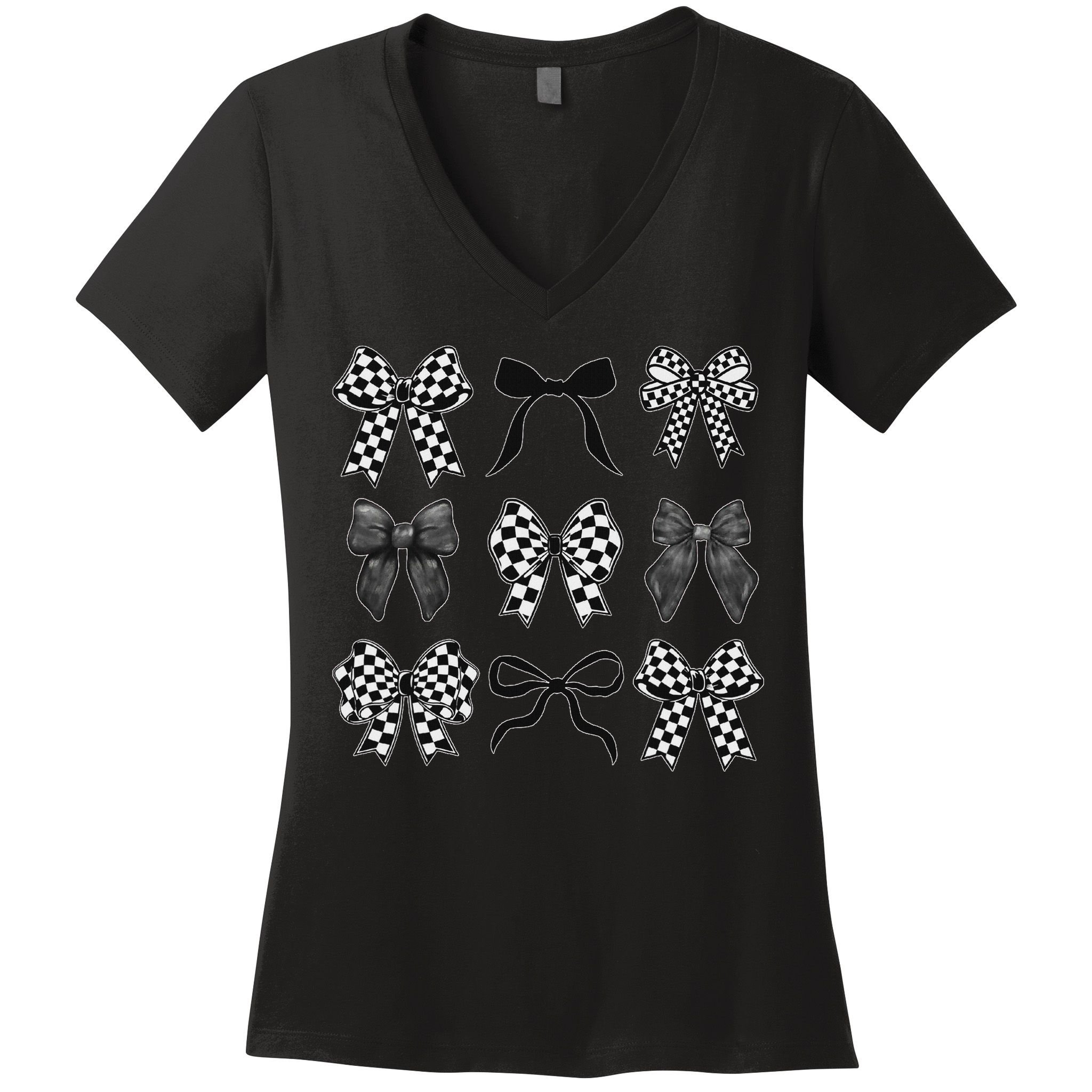 Coquette Bow Checkered Flag Race Car Racing Women Cute Women's V-Neck T-Shirt