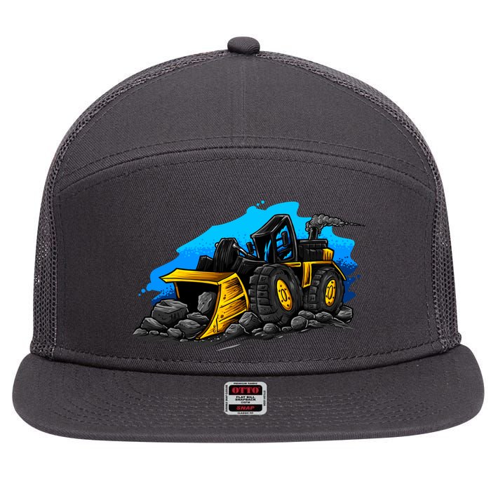 Cartoon Bulldozer 7 Panel Mesh Trucker Snapback Hat