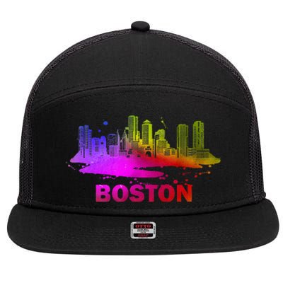 Colorful Boston Cityscape Boston Massachusetts Skyline 7 Panel Mesh Trucker Snapback Hat