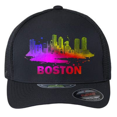 Colorful Boston Cityscape Boston Massachusetts Skyline Flexfit Unipanel Trucker Cap