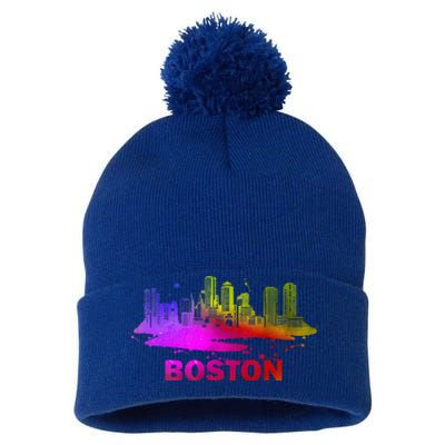 Colorful Boston Cityscape Boston Massachusetts Skyline Pom Pom 12in Knit Beanie