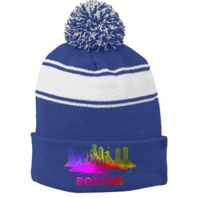 Colorful Boston Cityscape Boston Massachusetts Skyline Stripe Pom Pom Beanie