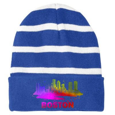 Colorful Boston Cityscape Boston Massachusetts Skyline Striped Beanie with Solid Band