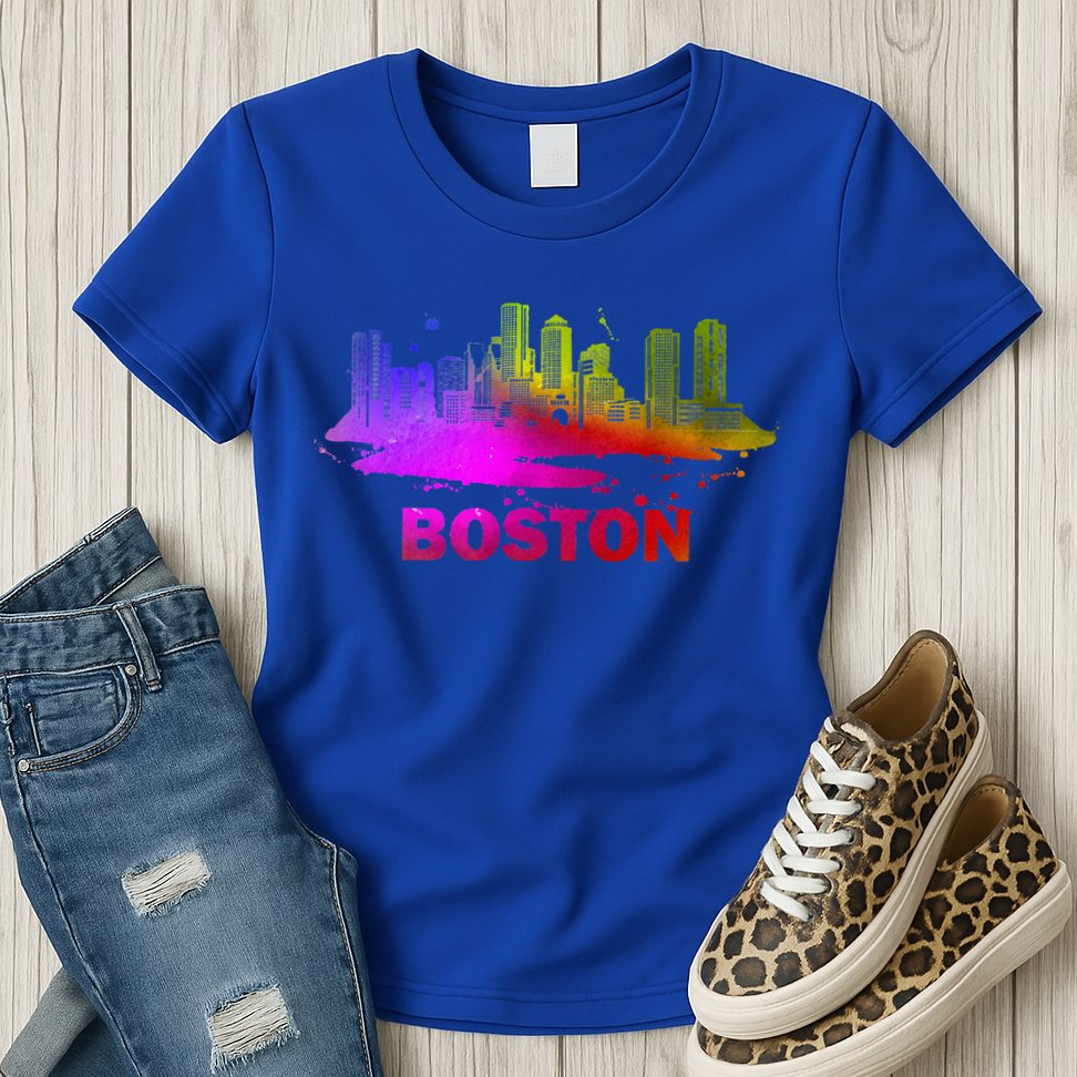 Colorful Boston Cityscape Boston Massachusetts Skyline Womens T-Shirt