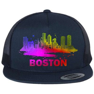 Colorful Boston Cityscape Boston Massachusetts Skyline Flat Bill Trucker Hat