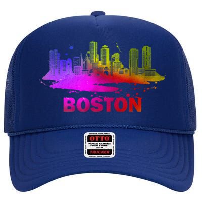 Colorful Boston Cityscape Boston Massachusetts Skyline High Crown Mesh Back Trucker Hat