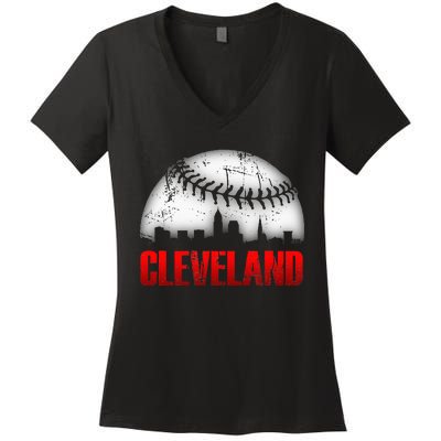 Cleveland Baseball City Skyline Women's V-Neck T-Shirt