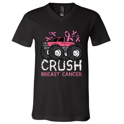 Crush Breast Cancer Awareness Monster Truck V-Neck T-Shirt