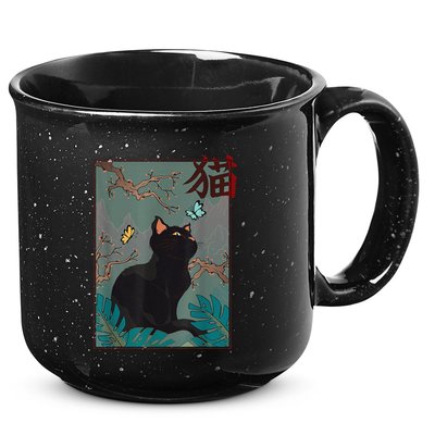 Cherry Blossom Cat Vintage Woodblock Japanese Graphical Art 15oz Campfire Ceramic Mug