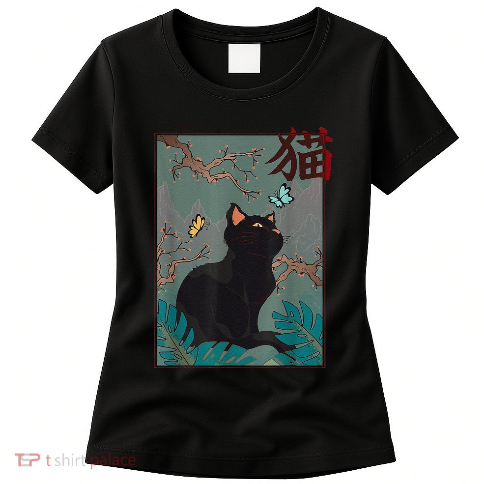 Cherry Blossom Cat Vintage Woodblock Japanese Graphical Art Womens T-Shirt