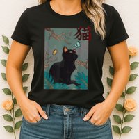 Cherry Blossom Cat Vintage Woodblock Japanese Graphical Art Womens T-Shirt