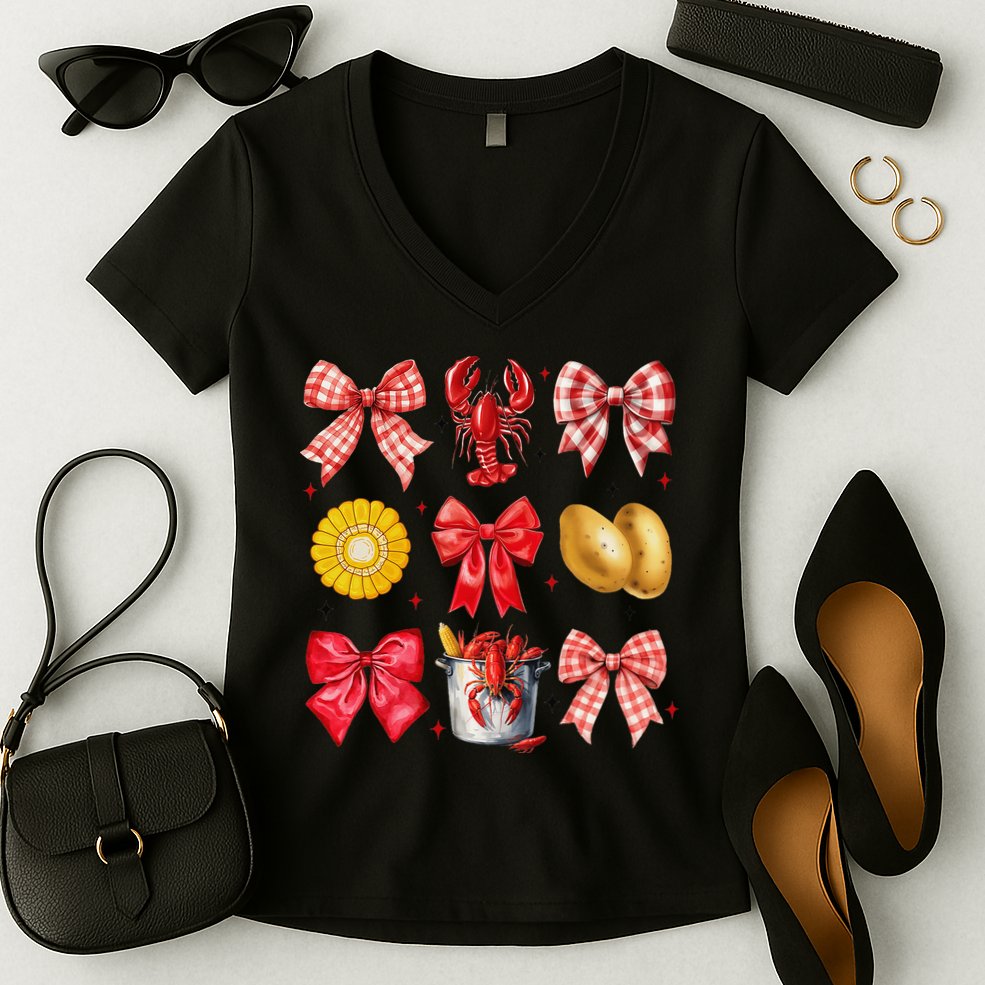 Coquette Bow Crawfish Boil Girl Aesthetic Funny Girl Women Women's V-Neck T-Shirt