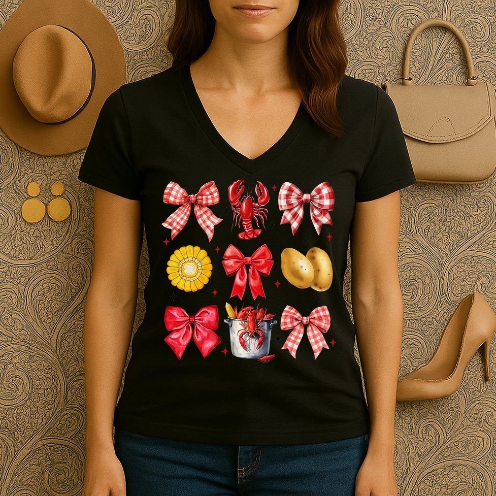 Coquette Bow Crawfish Boil Girl Aesthetic Funny Girl Women Women's V-Neck T-Shirt