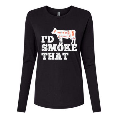 Chef Butcher Cook BBQ I'd Smoke That Funny Barbecue Cow Womens Cotton Relaxed Long Sleeve T-Shirt