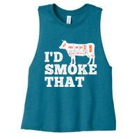 Chef Butcher Cook BBQ I'd Smoke That Funny Barbecue Cow Women's Racerback Cropped Tank