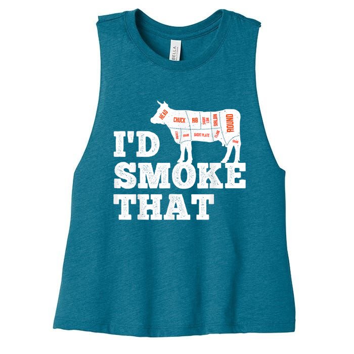 Chef Butcher Cook BBQ I'd Smoke That Funny Barbecue Cow Women's Racerback Cropped Tank