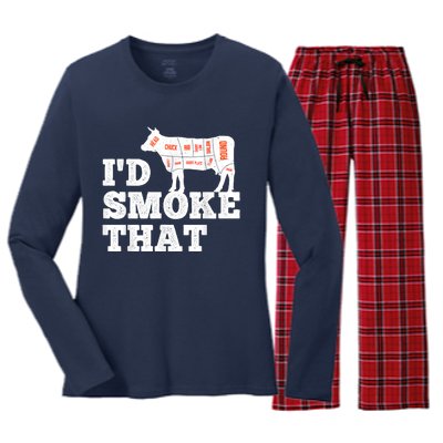 Chef Butcher Cook BBQ I'd Smoke That Funny Barbecue Cow Women's Long Sleeve Flannel Pajama Set 