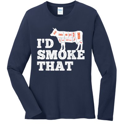 Chef Butcher Cook BBQ I'd Smoke That Funny Barbecue Cow Ladies Long Sleeve Shirt