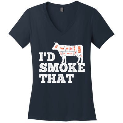 Chef Butcher Cook BBQ I'd Smoke That Funny Barbecue Cow Women's V-Neck T-Shirt