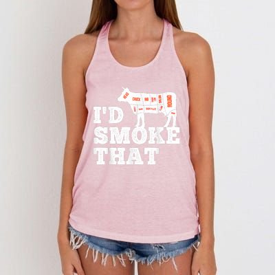 Chef Butcher Cook BBQ I'd Smoke That Funny Barbecue Cow Women's Knotted Racerback Tank