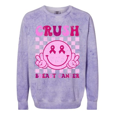 Crush Breast Cancer Awareness Groovy Retro Smile Face Colorblast Crewneck Sweatshirt