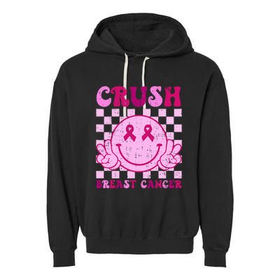 Crush Breast Cancer Awareness Groovy Retro Smile Face Garment-Dyed Fleece Hoodie