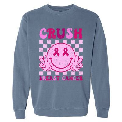 Crush Breast Cancer Awareness Groovy Retro Smile Face Garment-Dyed Sweatshirt