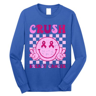 Crush Breast Cancer Awareness Groovy Retro Smile Face Long Sleeve Shirt