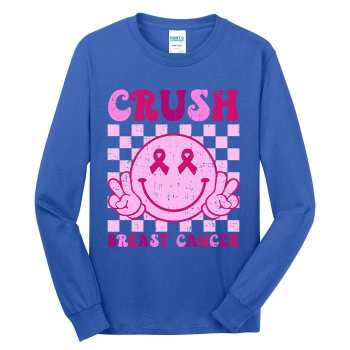 Crush Breast Cancer Awareness Groovy Retro Smile Face Tall Long Sleeve T-Shirt