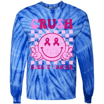 Crush Breast Cancer Awareness Groovy Retro Smile Face Tie-Dye Long Sleeve Shirt