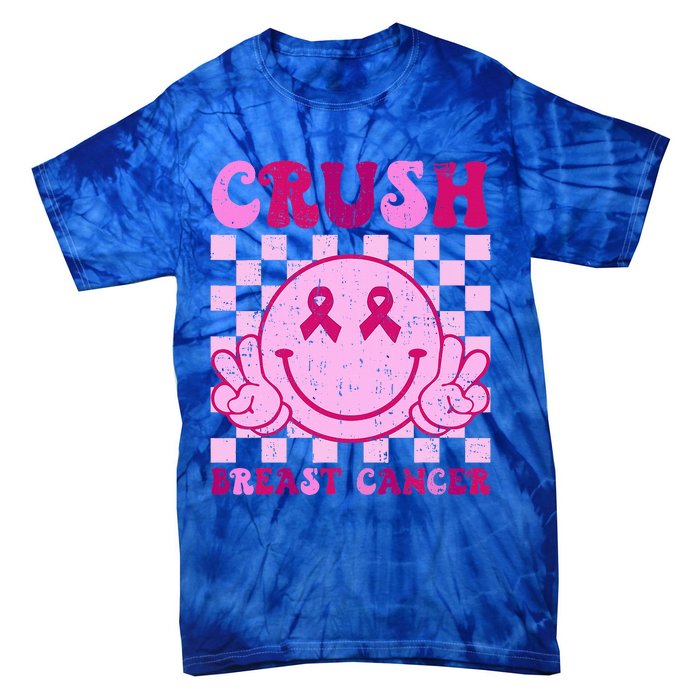 Crush Breast Cancer Awareness Groovy Retro Smile Face Tie-Dye T-Shirt