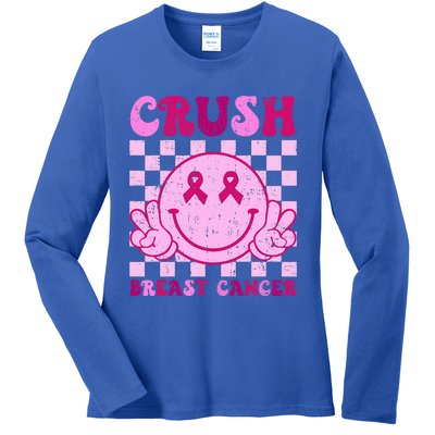 Crush Breast Cancer Awareness Groovy Retro Smile Face Ladies Long Sleeve Shirt